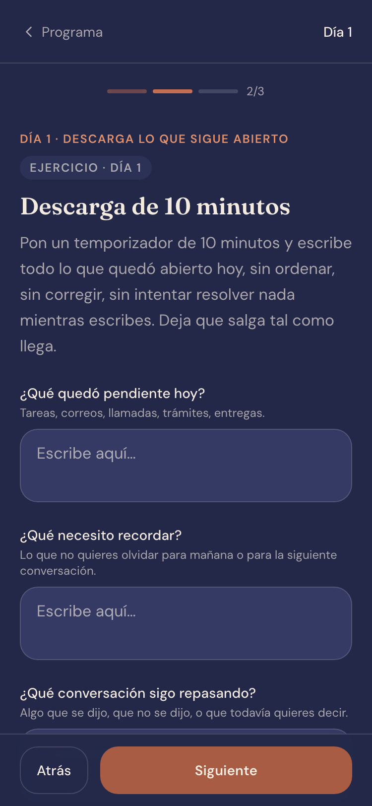 Cierre del Día en app — Un día a la vez, sin apuro ni penalización.