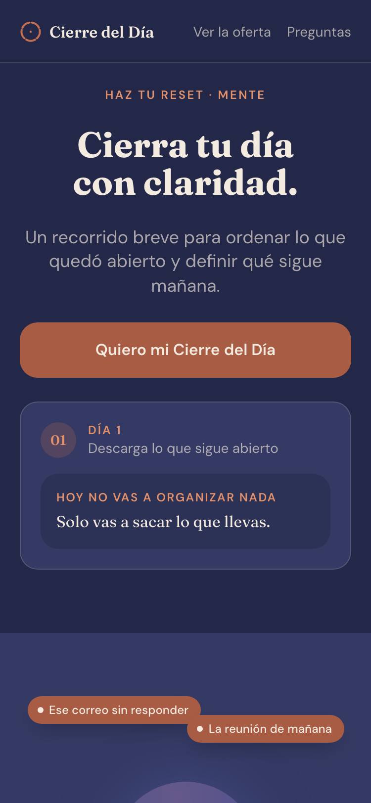 Cierre del Día en app — La entrada: siete días, diez minutos cada uno.