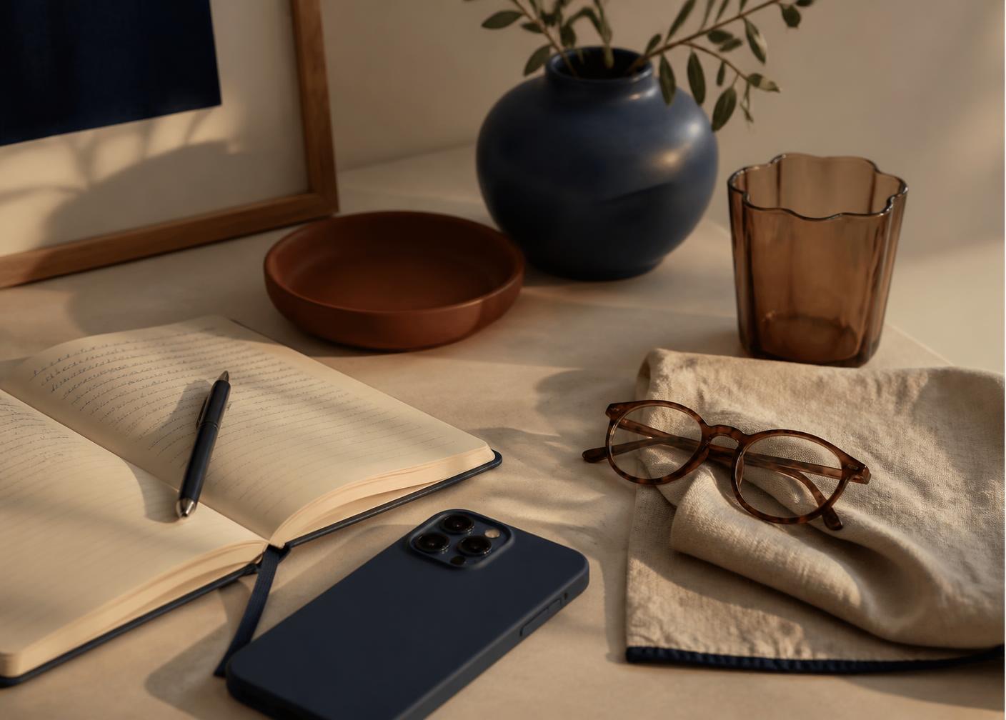 Cuaderno abierto con notas escritas a mano junto a un teléfono y unas gafas sobre una mesa cálida